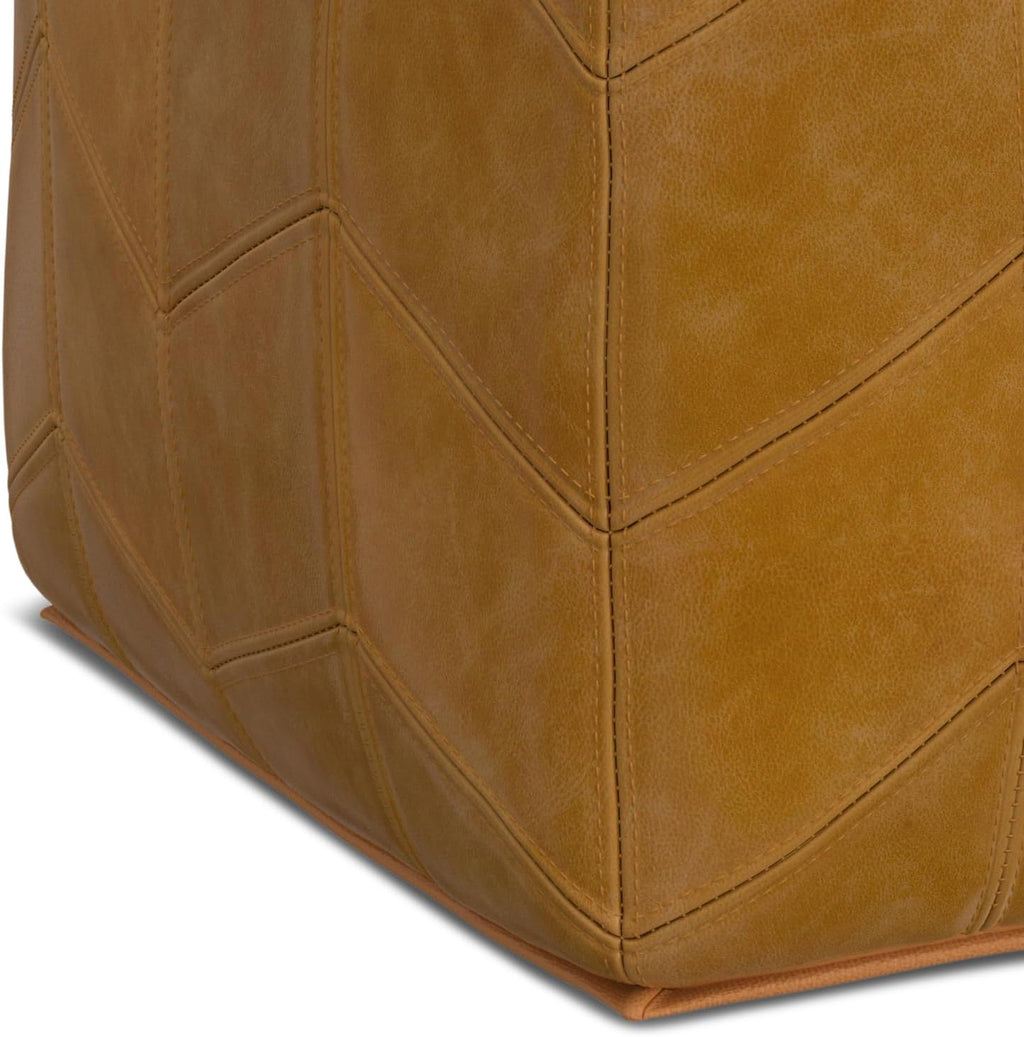 SIMPLIHOME Morden Square Pouf - 18 inch Wide Upholstered Genuine Leather Ottoman in Brown, Contemporary Footstool or Extra Seating for Living Room or Bedroom with Chevron Pattern, Assembled