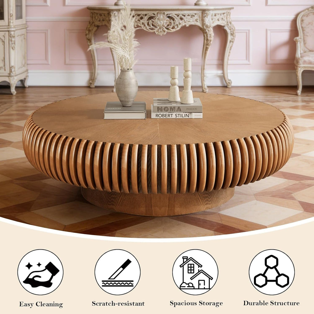 39.37' Round Fluted Coffee Table Unique Contemporary Wood Low Circle Drum Tea Tables with Sturdy Pedestal for Small Space (D Brown 39.37in)