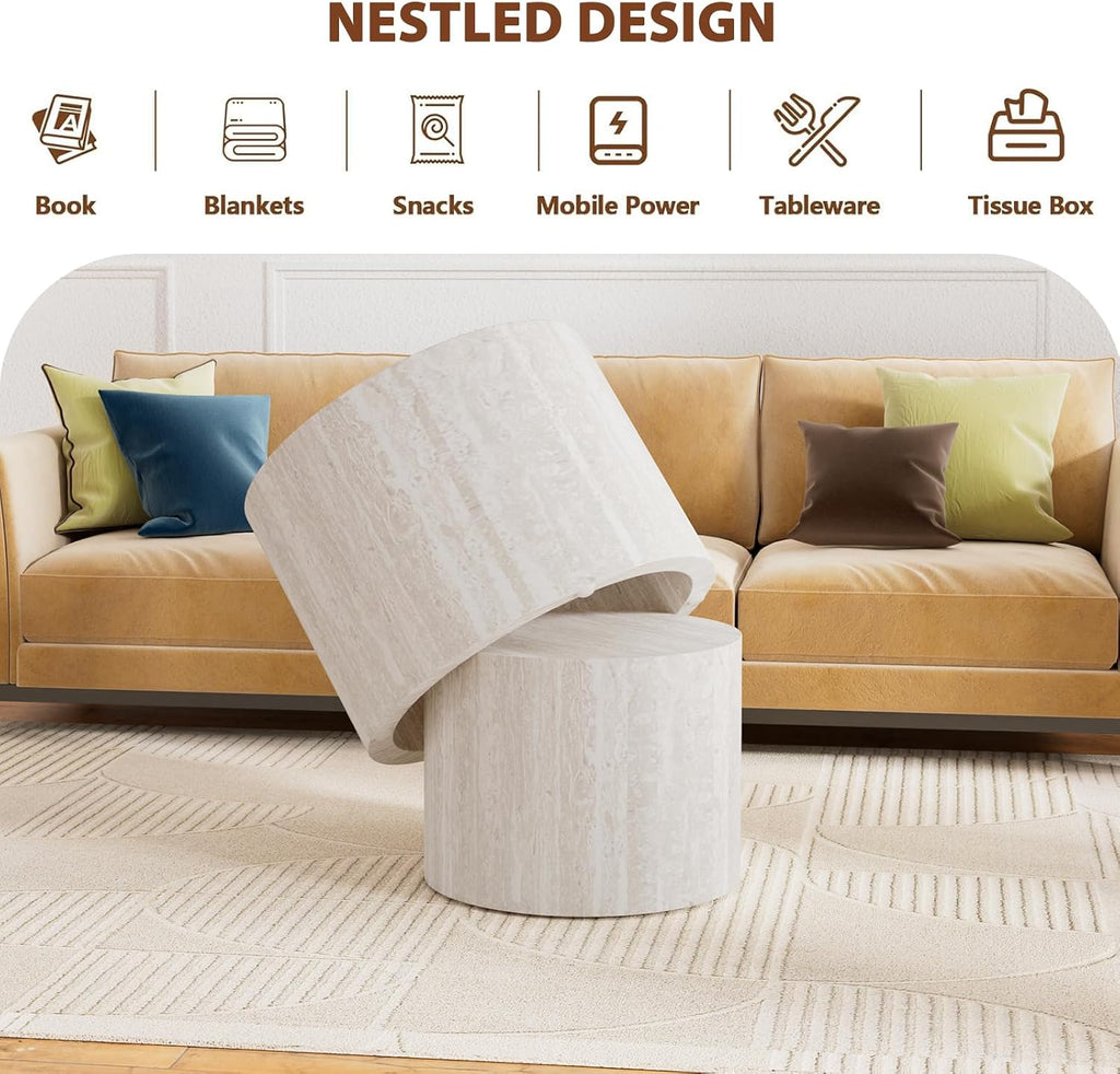 Travertine Round Coffee Table Set of 2, Nesting Coffee Tables and End Table Set Wood Small Circle Drum Side Table for Living Room, Apartment, Office, No Assembly (Travertine)