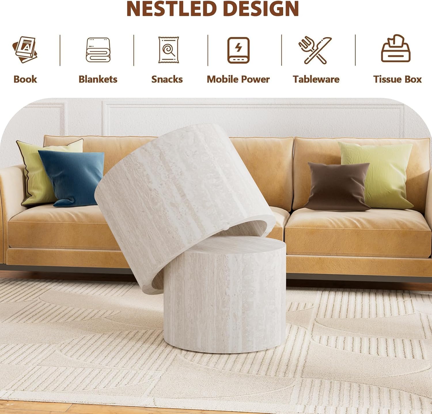 Travertine Round Coffee Table Set of 2, Nesting Coffee Tables and End Table Set Wood Small Circle Drum Side Table for Living Room, Apartment, Office, No Assembly (Travertine)