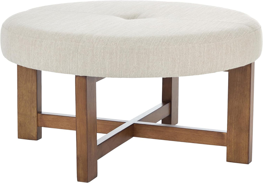 Christopher Knight Home Ladin Modern Round Ottoman Coffee Table, Fabric Upholstered Cocktail Ottoman for Living Room Sofa, Entryway Comfortable Footstool, Wooden Ottoman Foot Rest, Beige+Brown