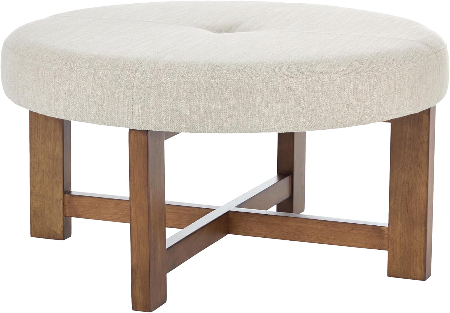 Christopher Knight Home Ladin Modern Round Ottoman Coffee Table, Fabric Upholstered Cocktail Ottoman for Living Room Sofa, Entryway Comfortable Footstool, Wooden Ottoman Foot Rest, Beige+Brown