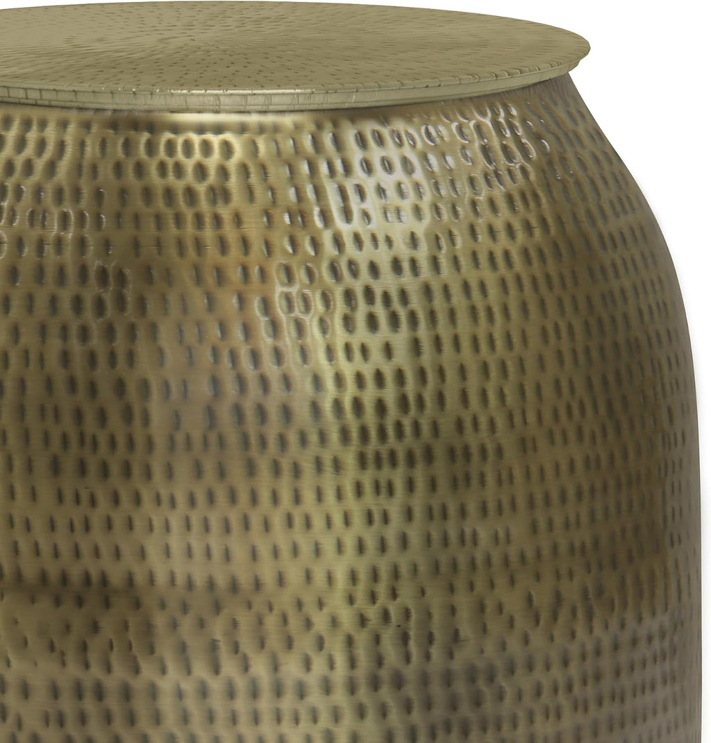 SIMPLIHOME Griffen Metal Storage Accent Table - 19 inch Wide Solid Metal Round Drum Side Table in Antique Gold, Contemporary End Table for Living Room with Hidden Storage Space, Assembled