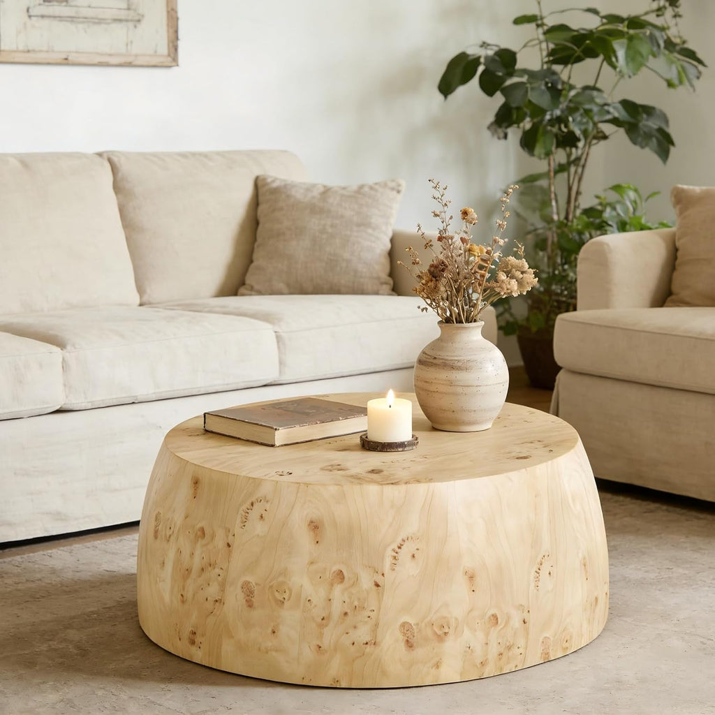 35' Rustic Drum Coffee Table for Living Room Round Center Table Modern Drum-Shape Wooden Cocktail Table for Home Office, Fully Assembled - Burl Wood Veneer Natural Color