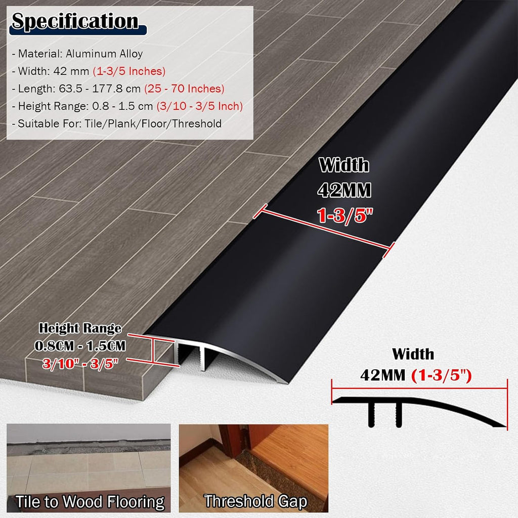 25 31 35 49 64 70 Inch Aluminum Floor Transition Strips, Doorway Threshold Reducer Edge Trim for Tile To Flooring Vinyl Plank/ Uneven Laminate Floors, Wide 42MM Brid,Light Coffee-W 42MM - L 34in
