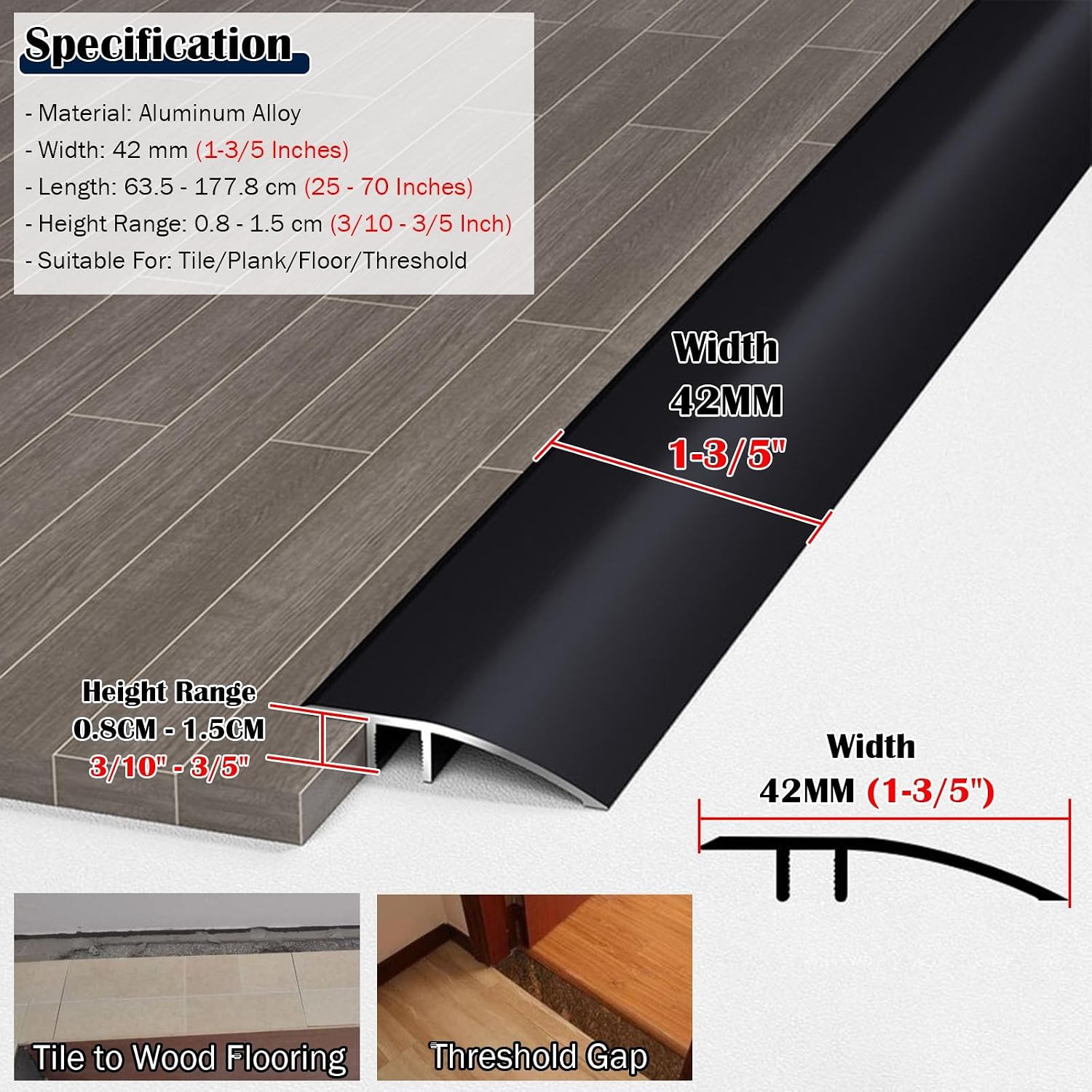 25 31 35 49 64 70 Inch Aluminum Floor Transition Strips, Doorway Threshold Reducer Edge Trim for Tile To Flooring Vinyl Plank/ Uneven Laminate Floors, Wide 42MM Brid,Light Coffee-W 42MM - L 34in