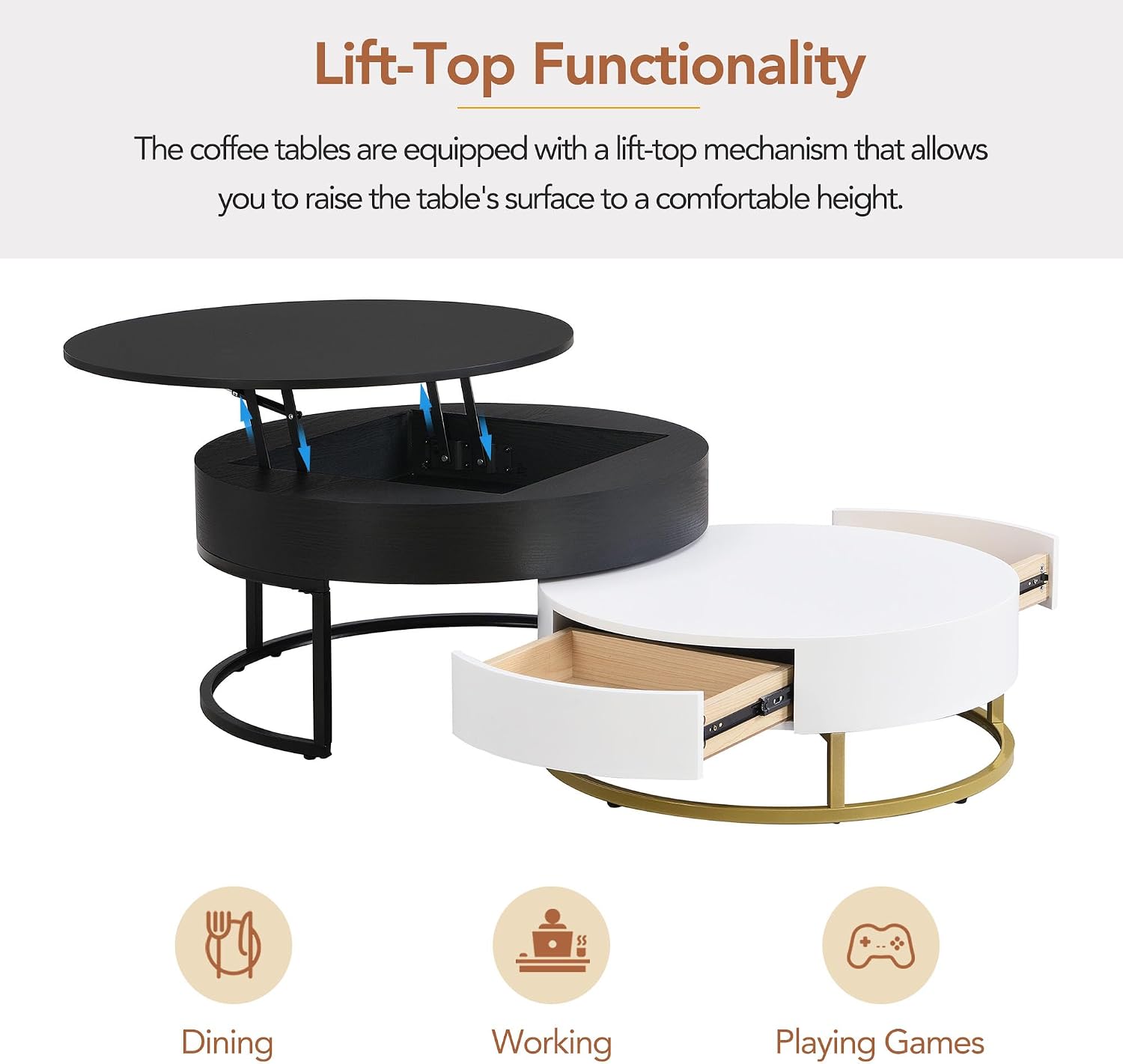 Round Lift-Top Nesting Coffee Table Set of 2, Modern Coffee Table with 2 Storage Drawers, Circular Wood Center Table Set for Living Room, Apartment, White & Black