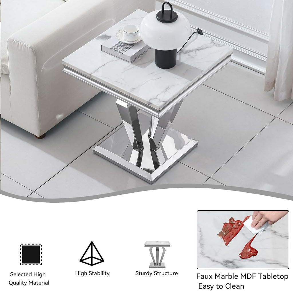 3 Pieces Coffee Table Set, Faux Marble Living Room Table Set of 3, Modern Coffee Table and 2 End Tables with Diamond-Shaped Stainless Steel Base for Living Room (White Silver)
