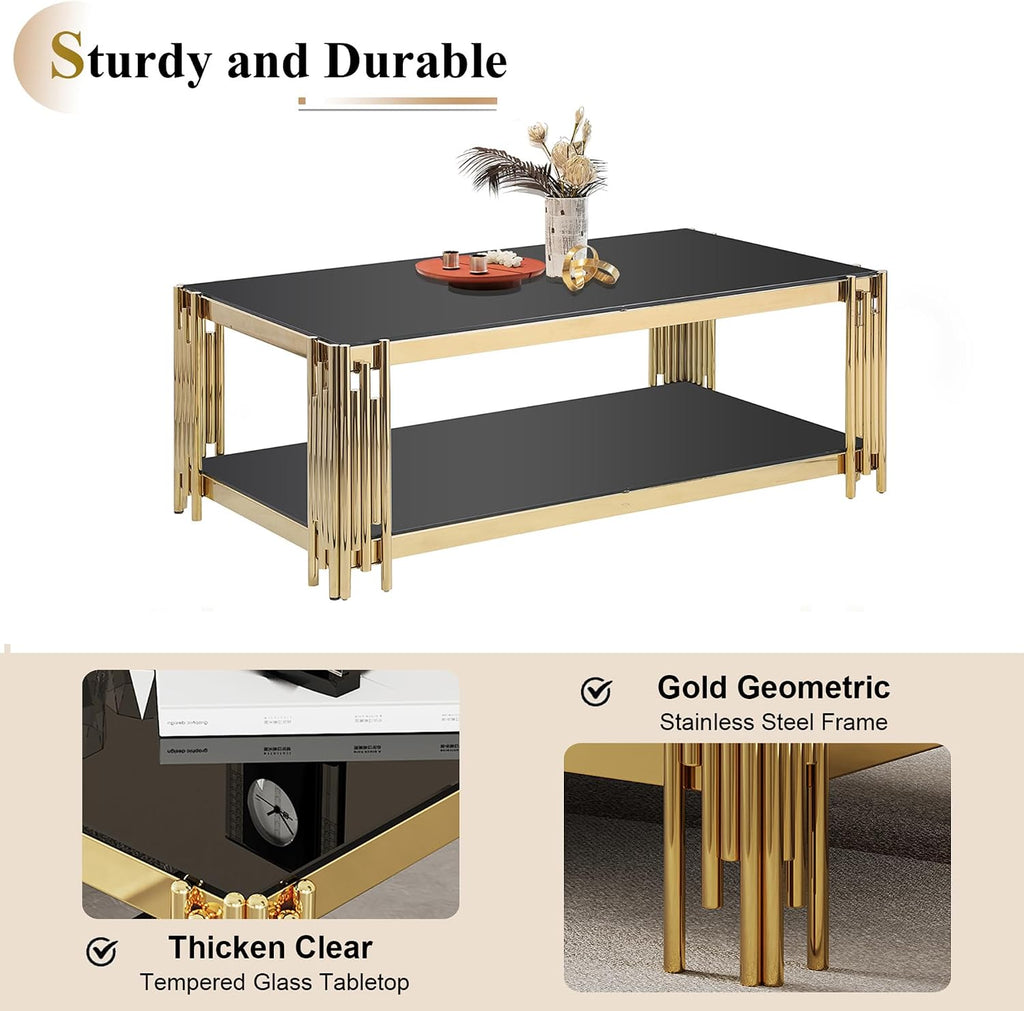 Gold Coffee Table Set of 4 Luxury 2-Tier Glass Coffee Table Console Table & 2 End Table w/Mirrored Stainless Steel Frame Modern 4 Pieces Living Room Table Set for Home Office