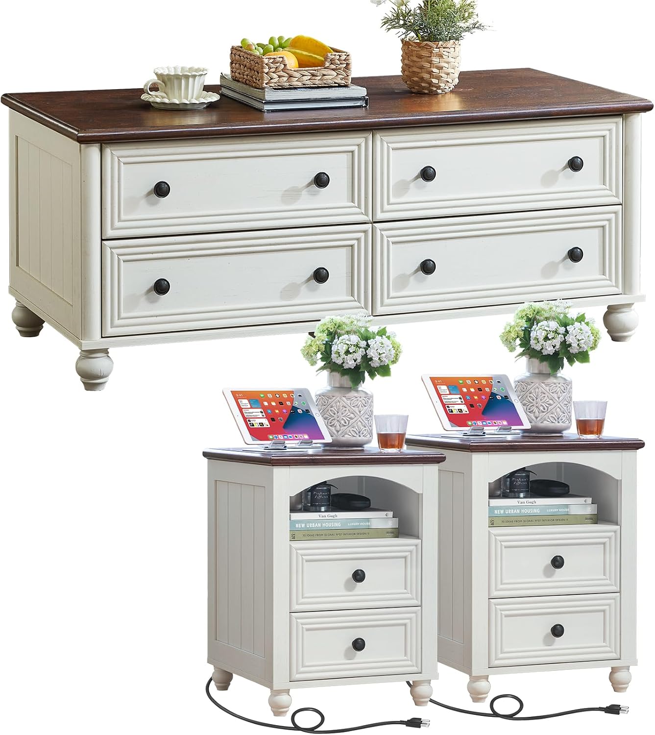 RWYHG Farmhouse Coffee Table and Night Stand Set of 3,Wood 48' Center Table and 18'' Wide Nightstand with Charging Station,Coffee and End Tables 3-Piece Set for Home Living Room Hallway,White