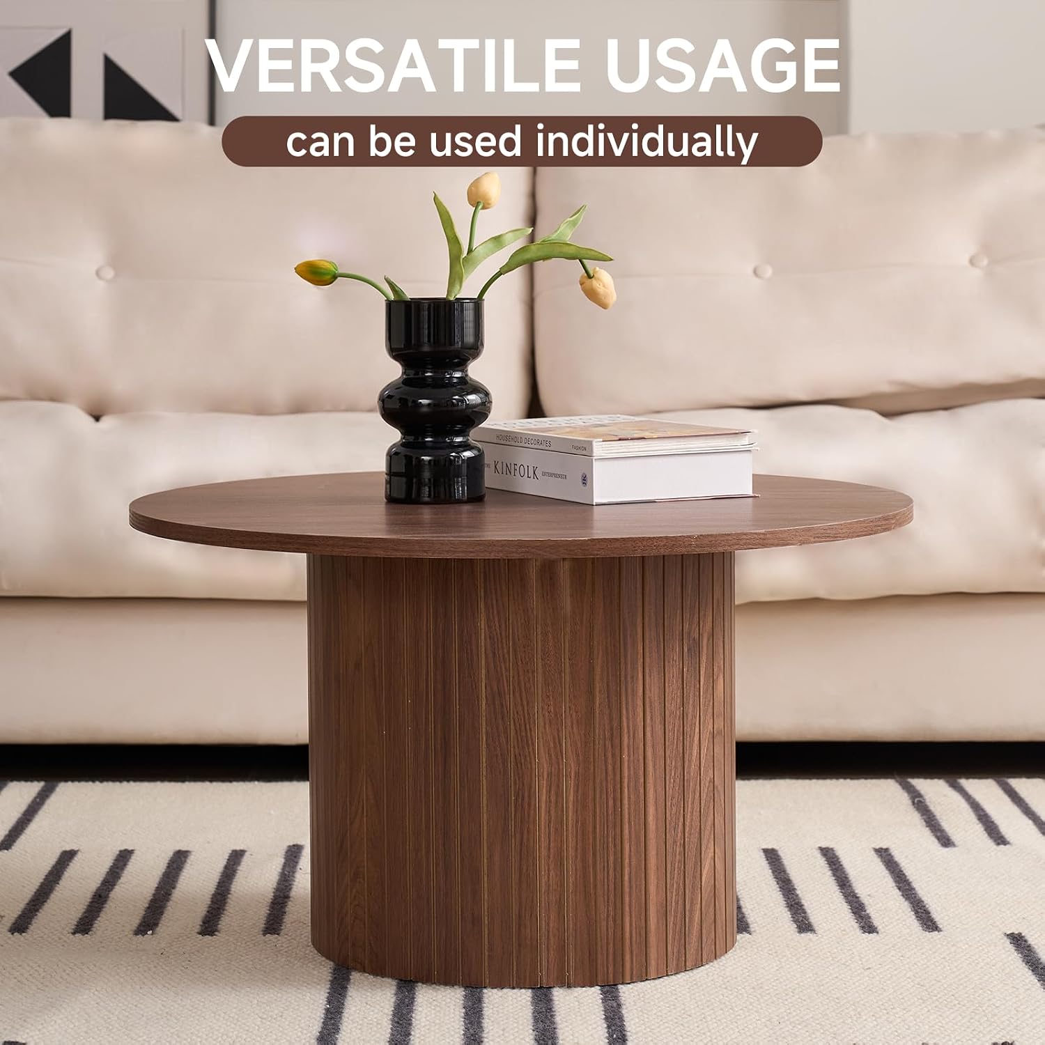 Round Coffee Tables Set of 2, Circle Modern Small Wood Side Table with Fluted Style Drum Base for Living Room Bedroom Balcony Office, Walnut