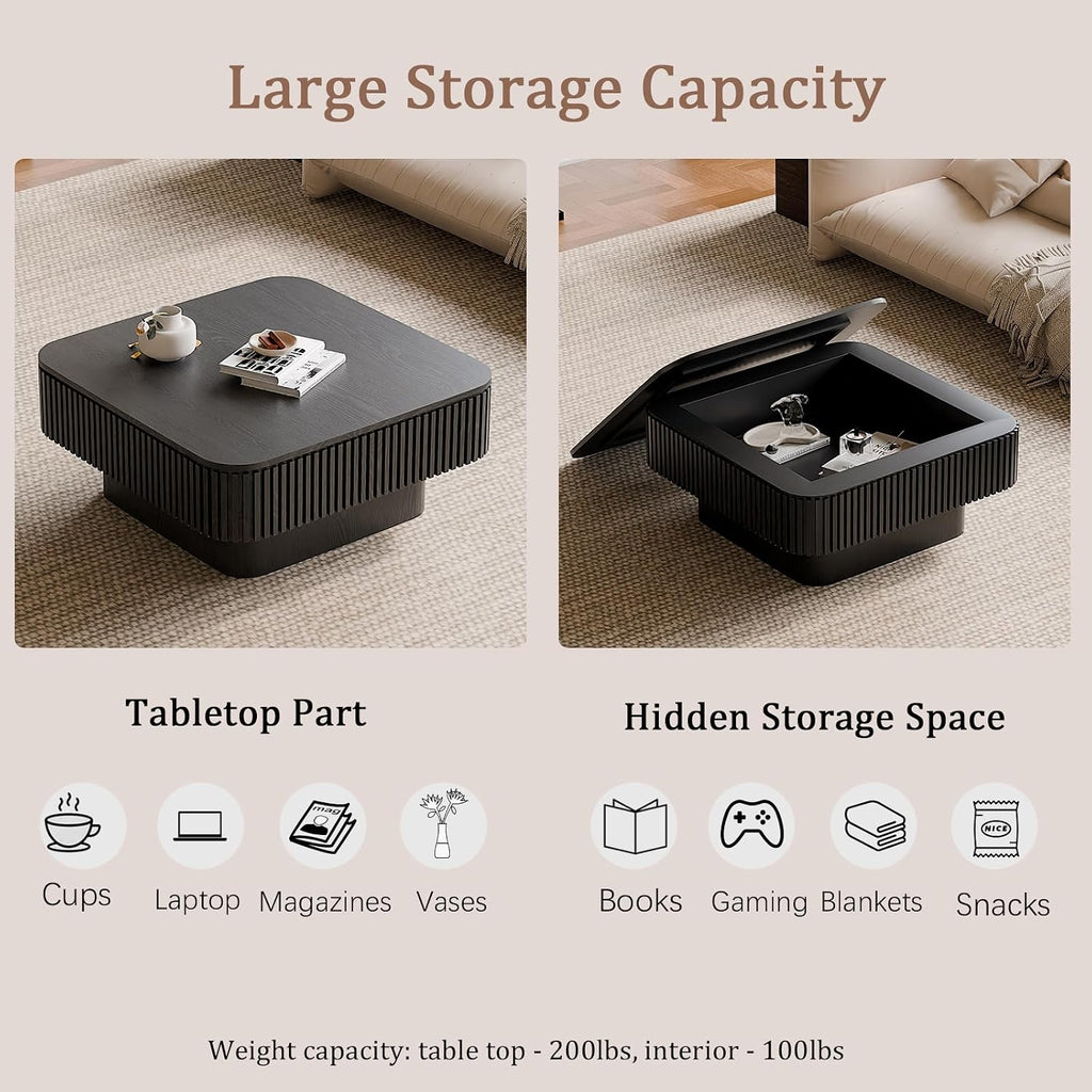 31.5' Square Coffee Table with Hidden Storage Compartment, Modern Handcraft Fluted Drum Coffee Table, Wooden Square Center Table Cocktail Tea Table with Sturdy Pedestal for Living Room, Black