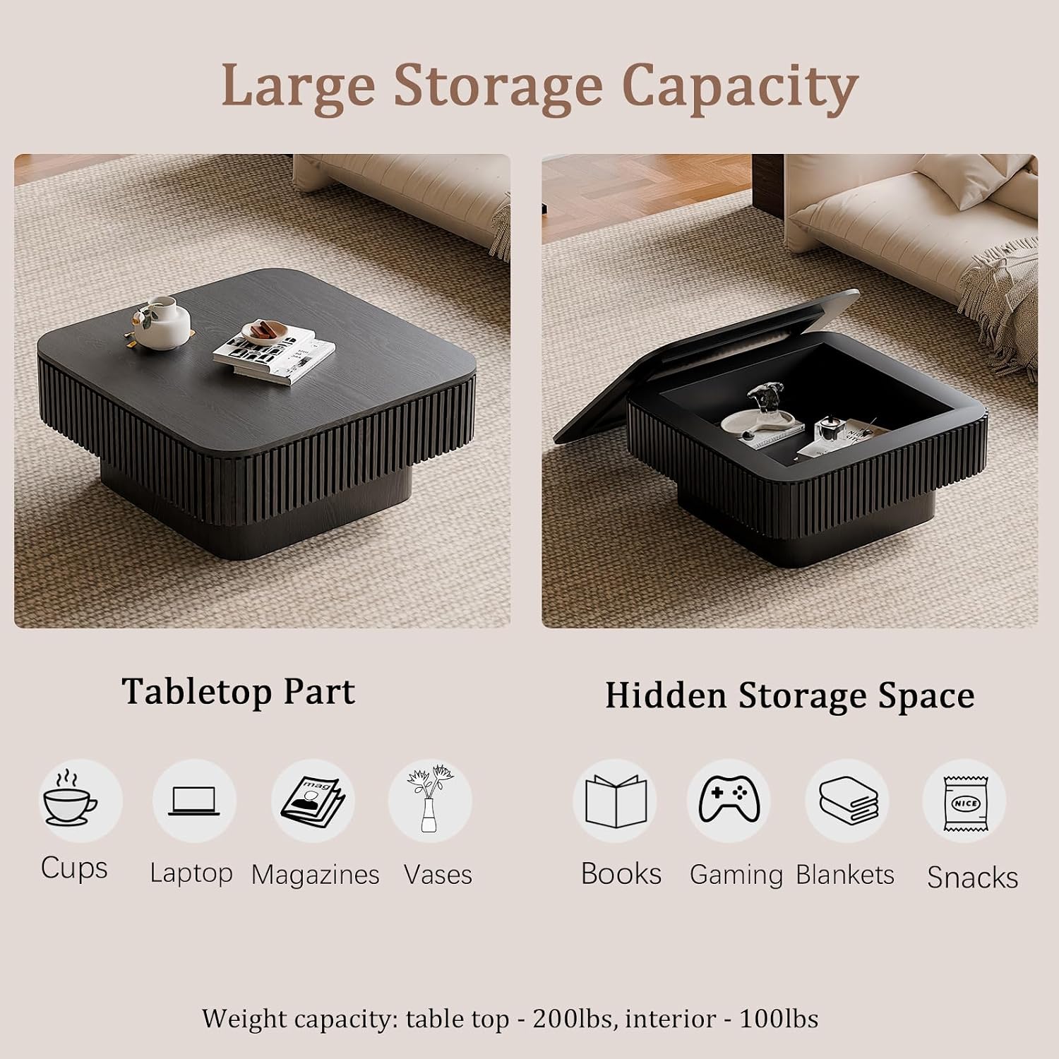 31.5' Square Coffee Table with Hidden Storage Compartment, Modern Handcraft Fluted Drum Coffee Table, Wooden Square Center Table Cocktail Tea Table with Sturdy Pedestal for Living Room, Black