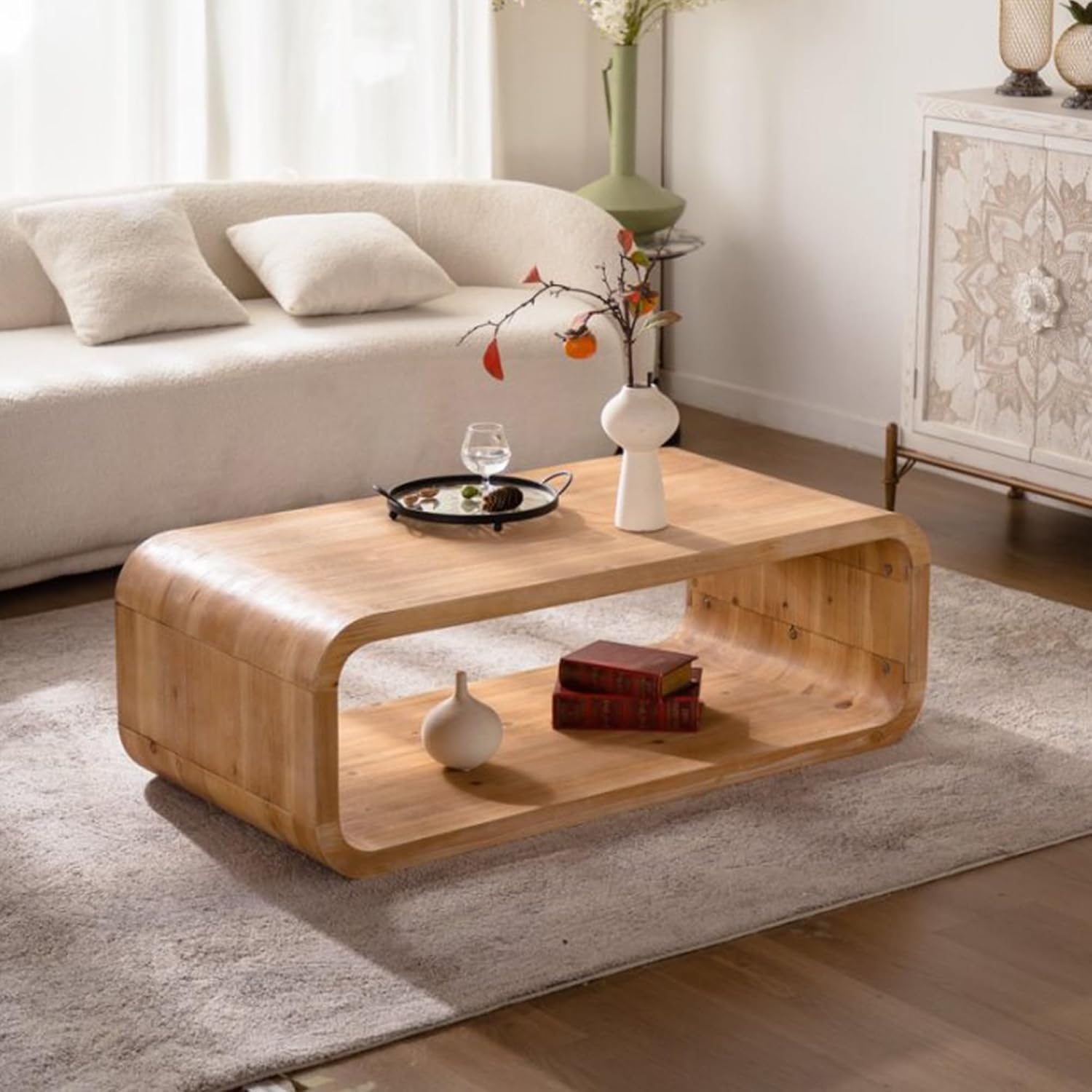 47.24' Rectangle Coffee Table for Living Room Curved Burl Wood Coffee Table Farmhouse Rustic Vintage Wooden Center Table for Apartment Oak