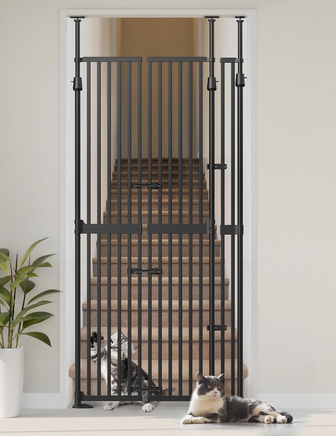 Extra Tall Cat Gate, 74.8'–90.5' High x 30.3'–38.2' Wide, No-Drill Pressure Mounted Safety Barrier for Doorways, Stairs, Hallways, Multi-Pet Separation，Black
