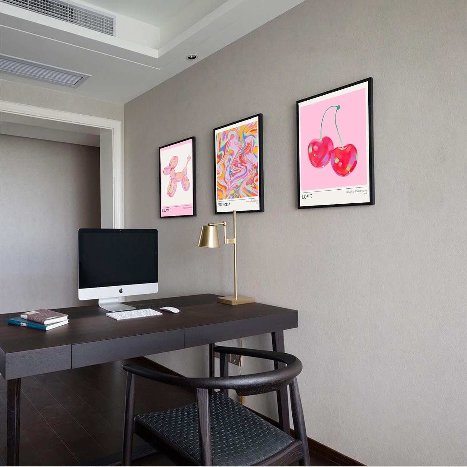 Trendy Set Of 3 Pink Cherry Cute Balloon Dog Posters Preppy Style Room Aesthetic Canvas Wall Art Gradient Aura Fresh Fruit Prints Painting For Home Bedroom Dorm Wall Decor 16X24in Black Frame