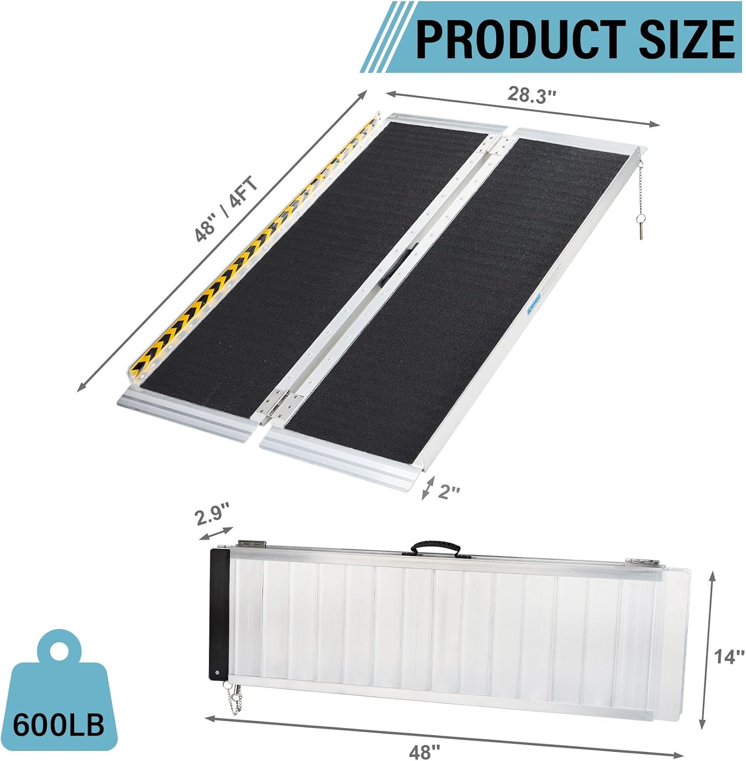 4 Feet Aluminum Folding Wheelchair Ramp for Home Steps | Non-Skid Handicap Threshold Wheel Chair Ramp for Home Steps, Stairs, Entry, Threshold, Doorways, 600LBS Capacity,28in Wide