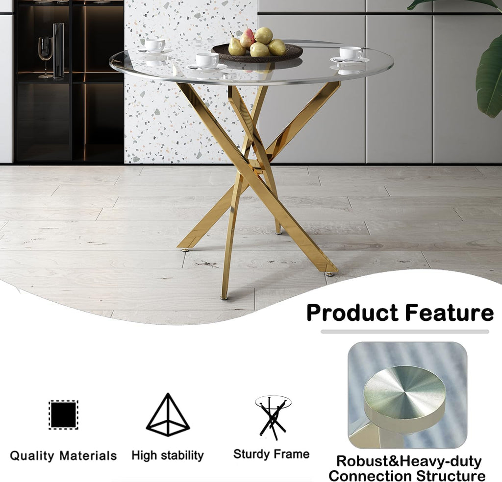 36' Small Dining Table Set of 4, Tempered Glass Round Dining Table and 4 Beige Velvet Dining Chairs, Luxury 5 Piece Circle Kitchen Dining Room Tables Set with Gold Chrome Metal X-Legs