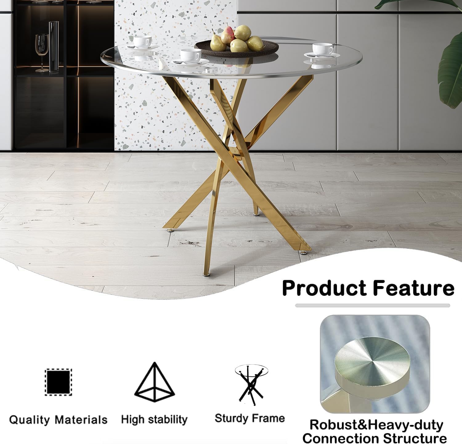 36' Small Dining Table Set of 4, Tempered Glass Round Dining Table and 4 Beige Velvet Dining Chairs, Luxury 5 Piece Circle Kitchen Dining Room Tables Set with Gold Chrome Metal X-Legs