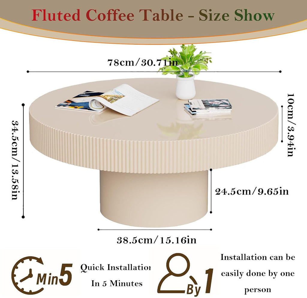 Round Fluted Coffee Table Rustic Circular Pedestal Center Table with Circle Thin Tabletop & Sturdy Base for Living Room Reception Room Study Farmhouse (Lvory White Thin 30.71in)