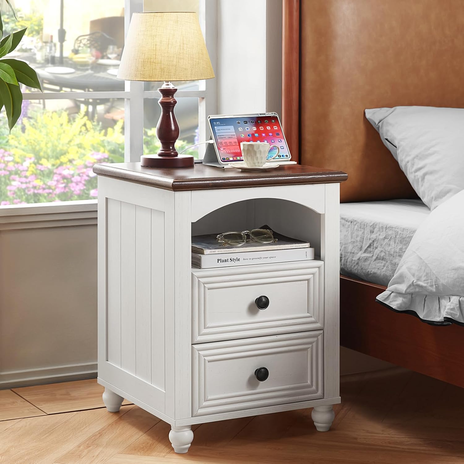 Farmhouse Coffee Table and Night Stand Set of 3, Wood 48' Center Table and 18'' Wide Chest of Drawers, Roman Column Nightstand Set of 2, Coffee and end Tables Sets for Living Room,Hallway,White