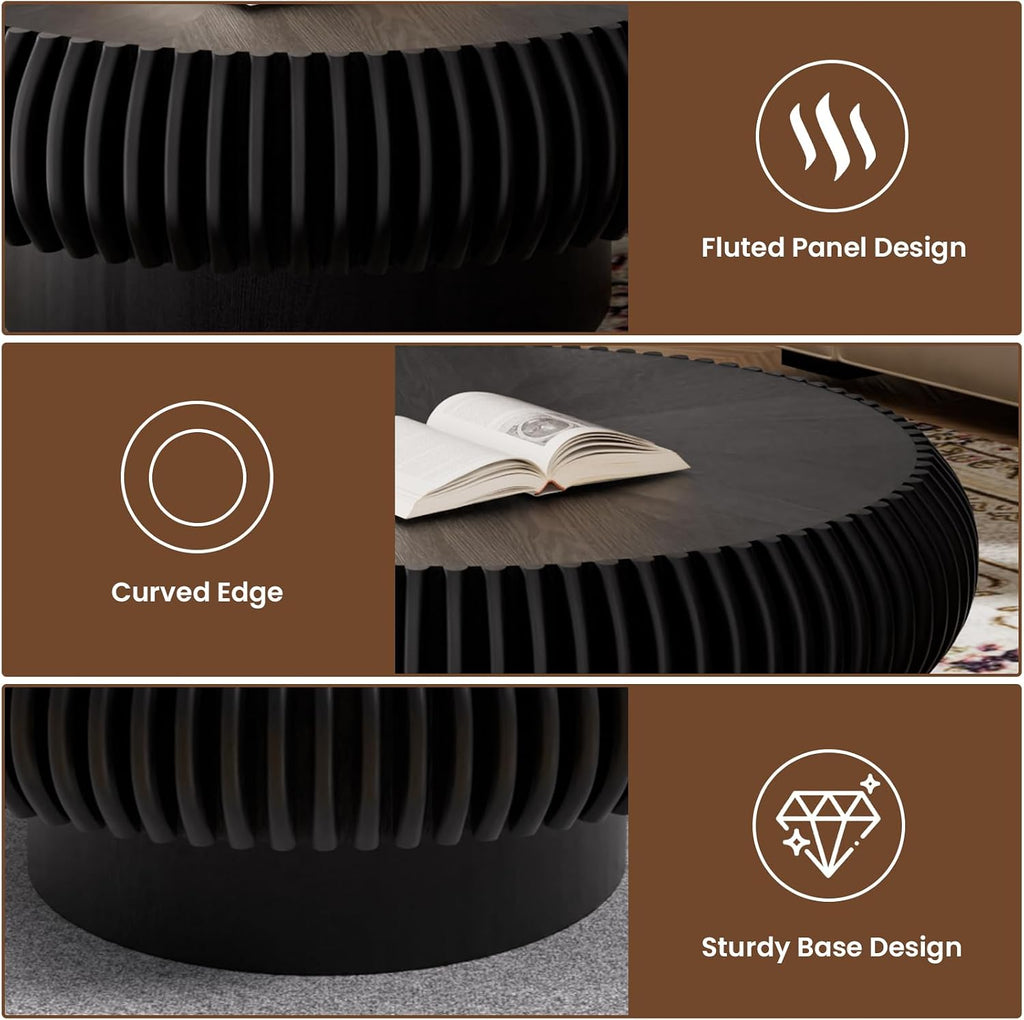 JHKZUDG Round Fluted Coffee Table 31.5'' Wood Drum Coffee Tables Contemporary Circle Accent Center Table Mid Century Side Table for Living Room, Small Space, Apartment (Black, 31.5' Coffee Table)