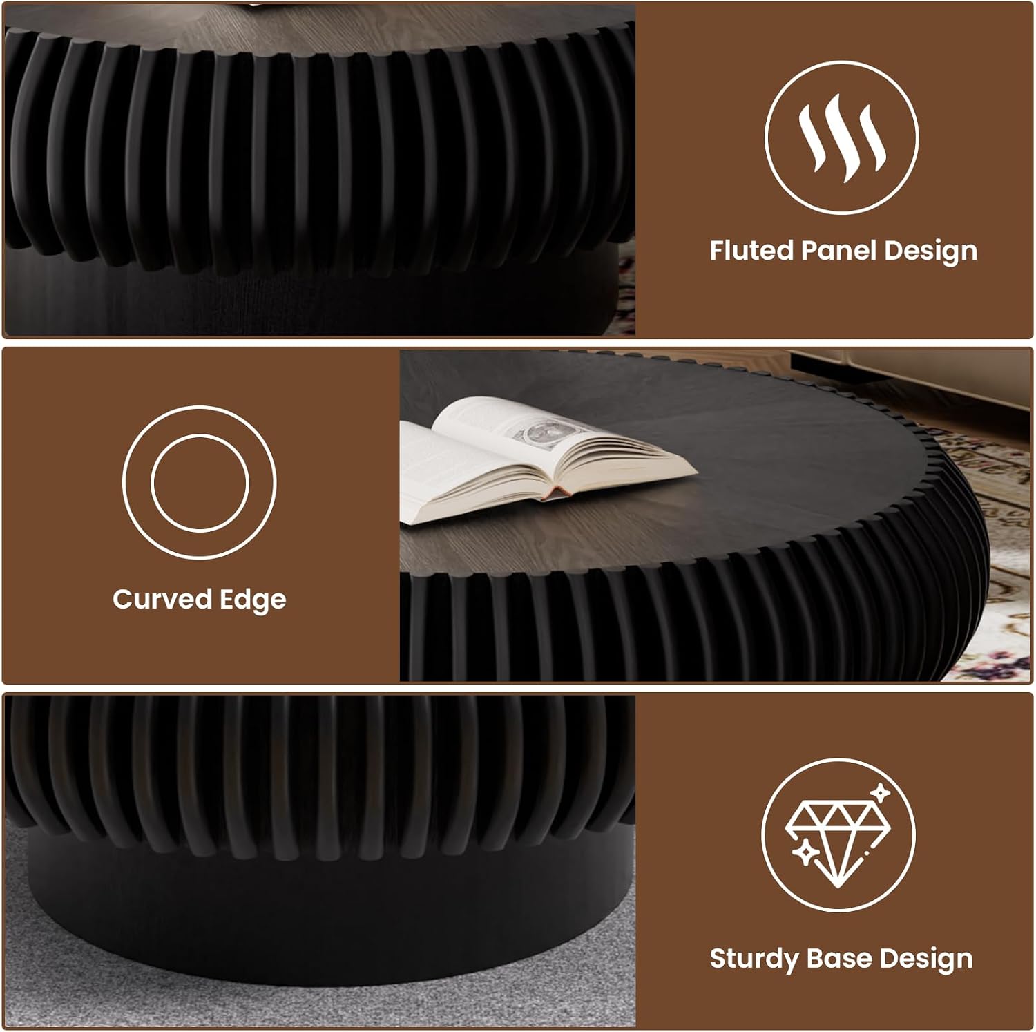 JHKZUDG Round Fluted Coffee Table 31.5'' Wood Drum Coffee Tables Contemporary Circle Accent Center Table Mid Century Side Table for Living Room, Small Space, Apartment (Black, 31.5' Coffee Table)