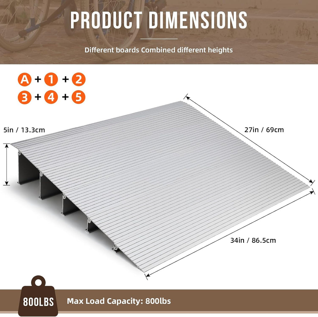 GarveeLife Curb Ramp 5 in Rise Entry for Doorways - Aluminum Portable Self Supporting Ramp, Non-Slip Surface, 800 LBS Load Capacity, Adjustable Threshold, Suitable for Wheelchairs, Scooters