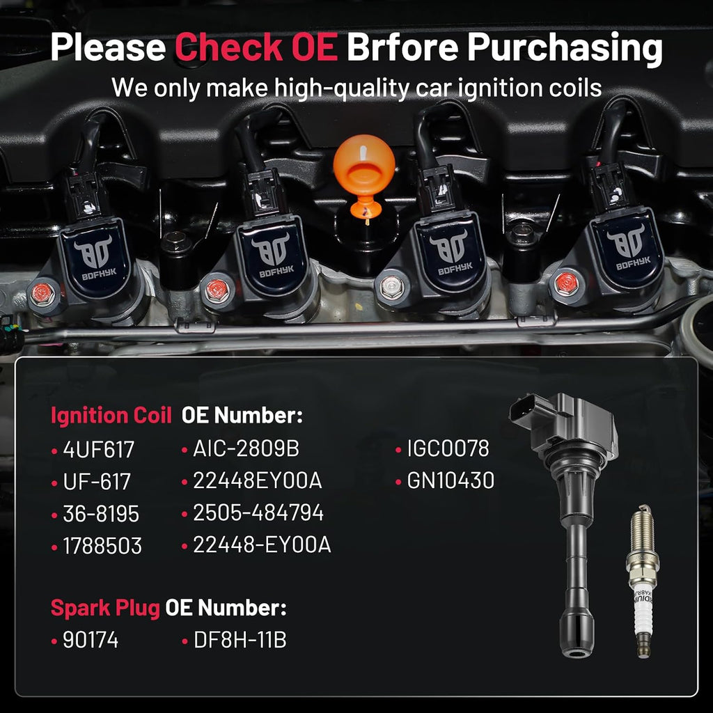 BDFHYK Ignition Coil Pack UF617 and Iridium Spark Plugs 90174 Compatible with Nissan 370Z 09-20 INFINITI FX37 G37 M37 Q40 Q50 Q60 Q70 QX70 3.7L 5.6L V6 Nissan Oem Coil Pack Coil for INFINITI Set of 6