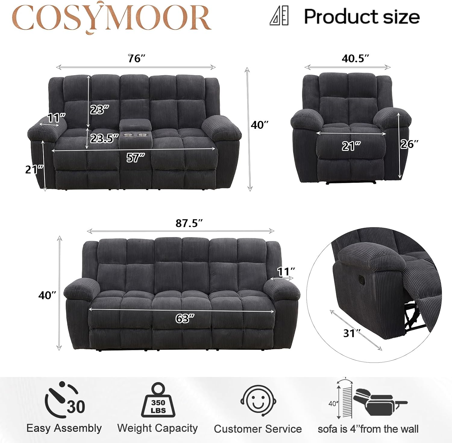 Corduroy Recliner Sofa Set with Cup Holder, 3 Pieces Living Room Furniture Sets, Grey Manual Corduroy Sofa Set with Storage, Modern Reclining Couches for Living Room/Office