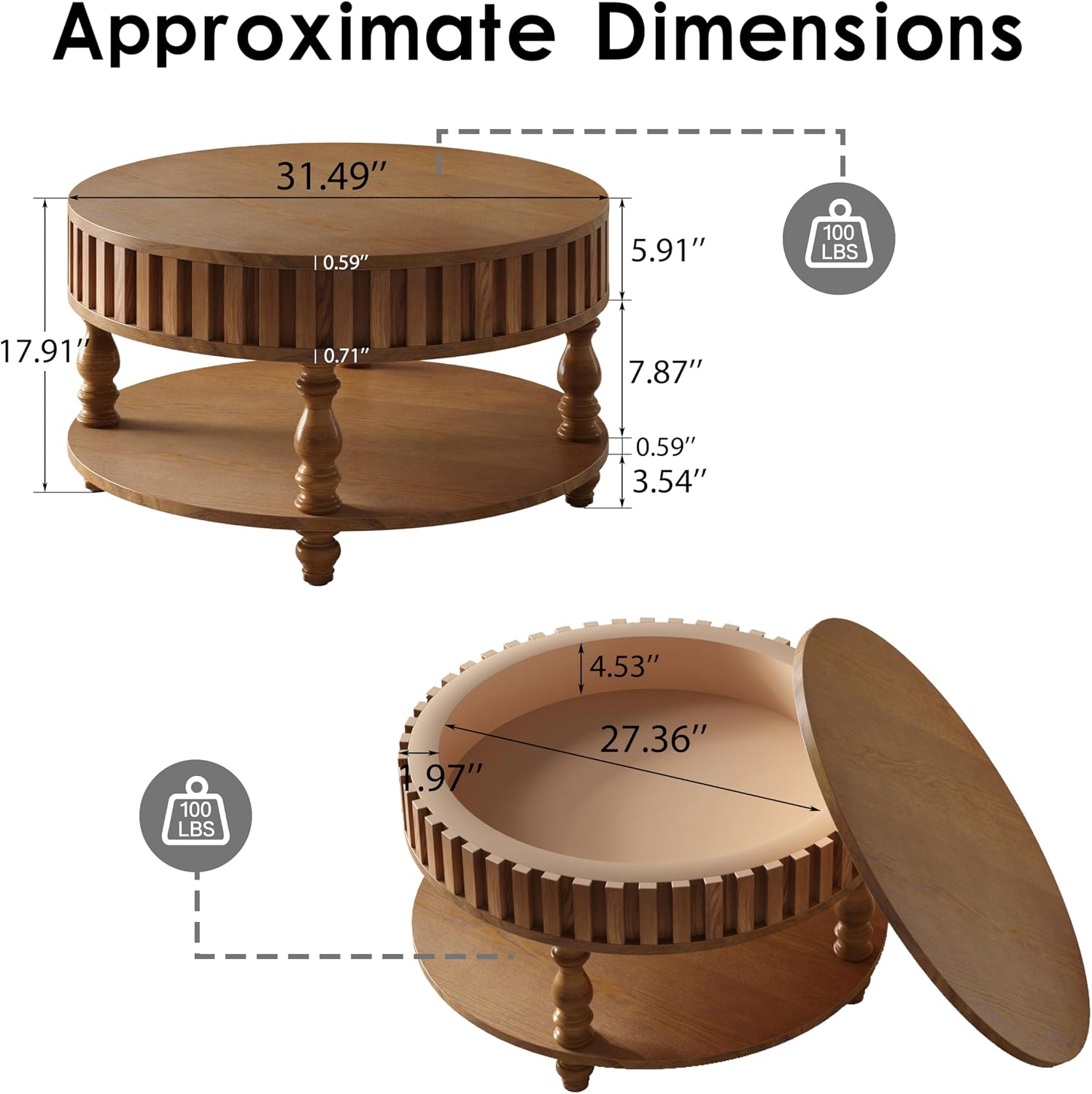 31.49'' Round Coffee Table with Storage Space, 2-Tier Modern Rustic Wood Circle Fluted Coffee Table for Living Room, Moveable Table Top & Easy Assembly, Walnut