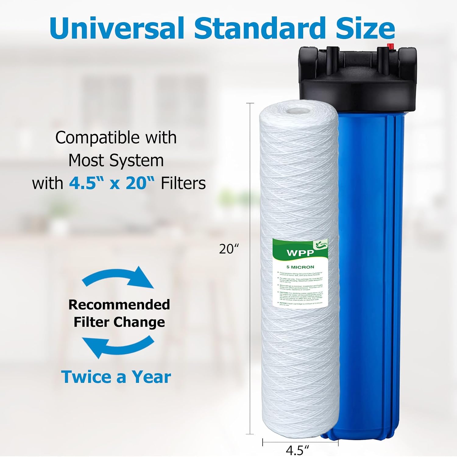 5 Micron Water Filter 20' x 4.5', 20-inch Whole House Heavy Duty String Wound Sediment Pre-Filters for Well Water, Replacement Cartridge for SDC-45-2005, FP25B, DGD-5005-20, 6-Pack