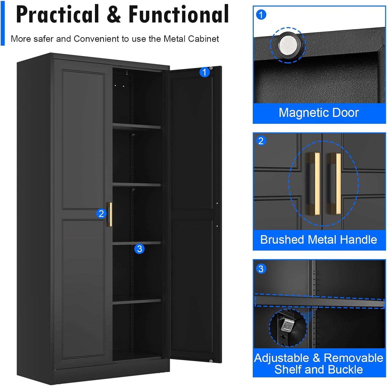 Polup Pantry Cabinet, 71 Inch Tall Kitchen Storage Cabinet, Metal Pantry Cabinet with Doors and Adjustable Shelves, Freestanding Heavy Duty Steel Utility Cupboard for Garage, Office, Laundry, Black