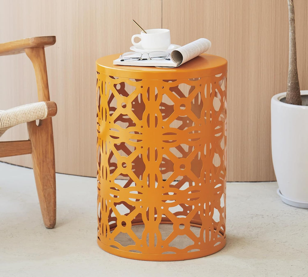 HFHOME Set of 3 Metal Outdoor Side Table, Nesting Round Coffee Table for Indoor Outdoor, Heavy Duty End Tables Plant Stand Living Room Garden Stool - Orange