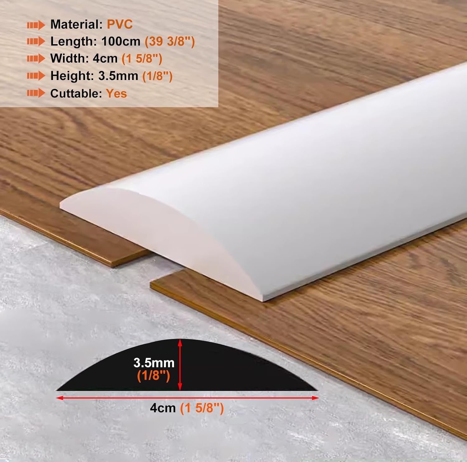 Floor Transition Strip Self Adhesive Threshold Transition Bar for Doorway, PVC Flat Divider Strip Wood to Tile, Floor Seam Cover for Interior, Easy to Install(White)