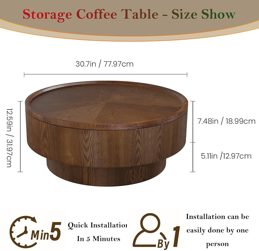 Round Coffee Table with Storage 30.7' Modern Stylish Circle Accent Table - Ample Tabletop & Covert Storage Space for Living Room Balcony Study (Brown-Storage Space)