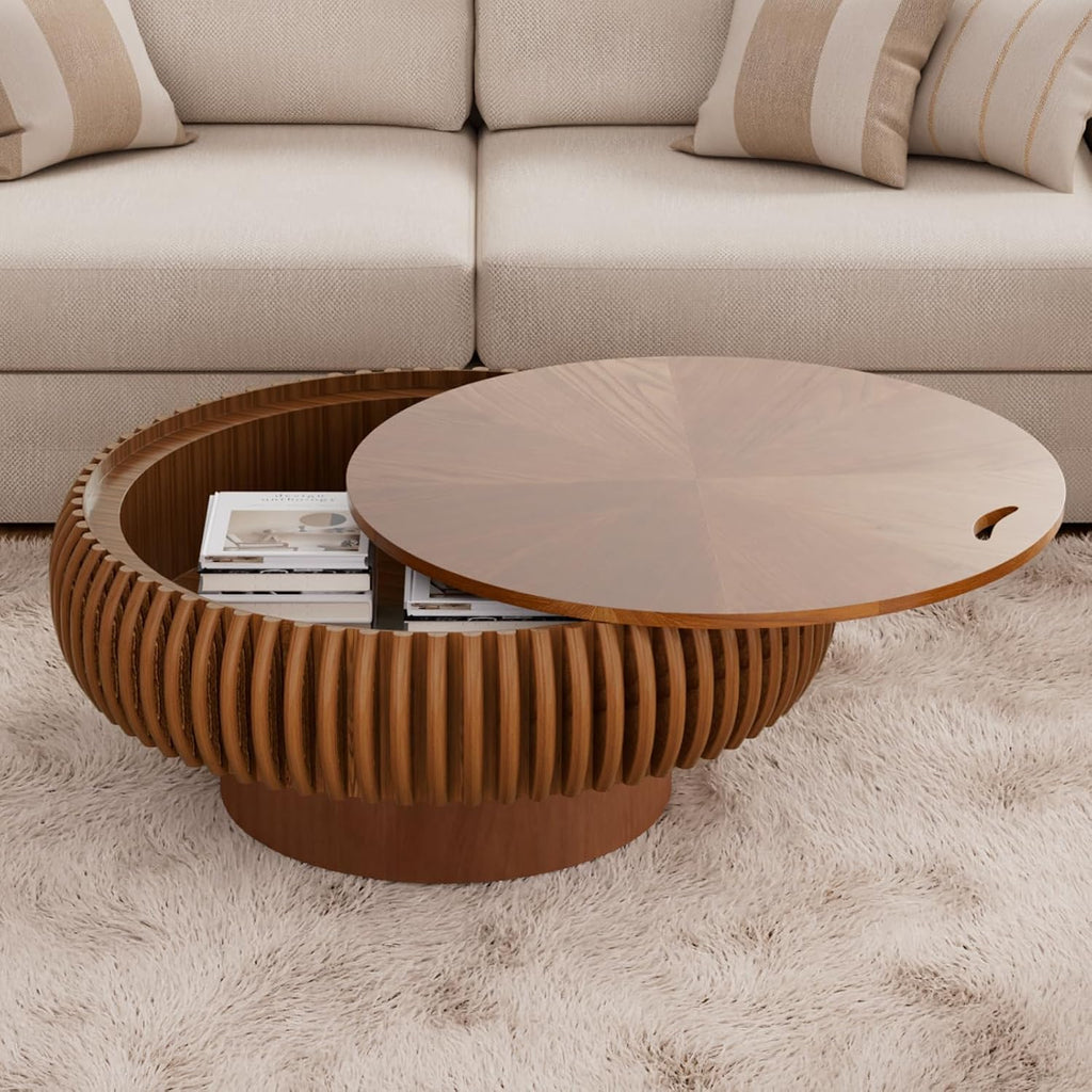 Round Fluted Coffee Table with Storage for Living Room, Modern Wooden Drum Coffee Table with Solid Wood Veneered, Circle Accent Tea Center Table for Small Space Apartmen (Brown, 31.5' with Storage)
