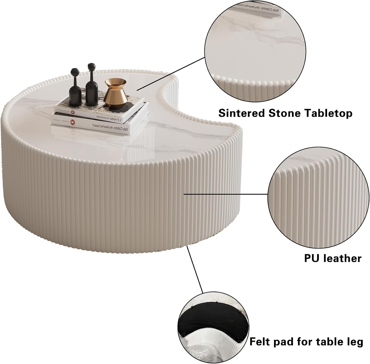 29.5' Irregular Shape Coffee Table, Light Grey Sintered Stone Top & Leather Modern Sofa Side Table, Unique Pattern, No Assembly Required White