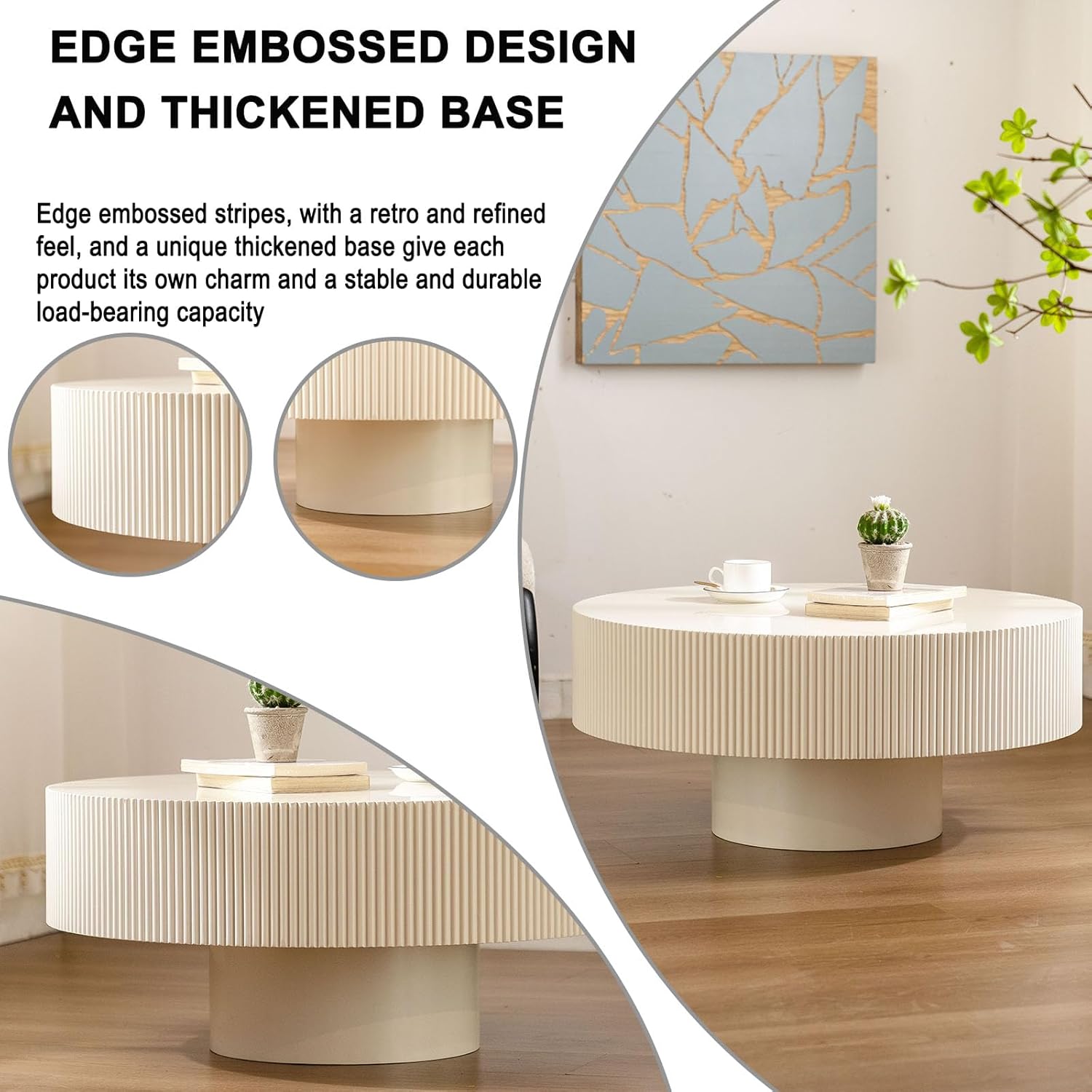 Round Coffee Table, Handcrafted Fluted Drum Coffee Tables Modern Wood Coffee Table Circle Drum Center Table for Living Room, Apartment (White Thick)
