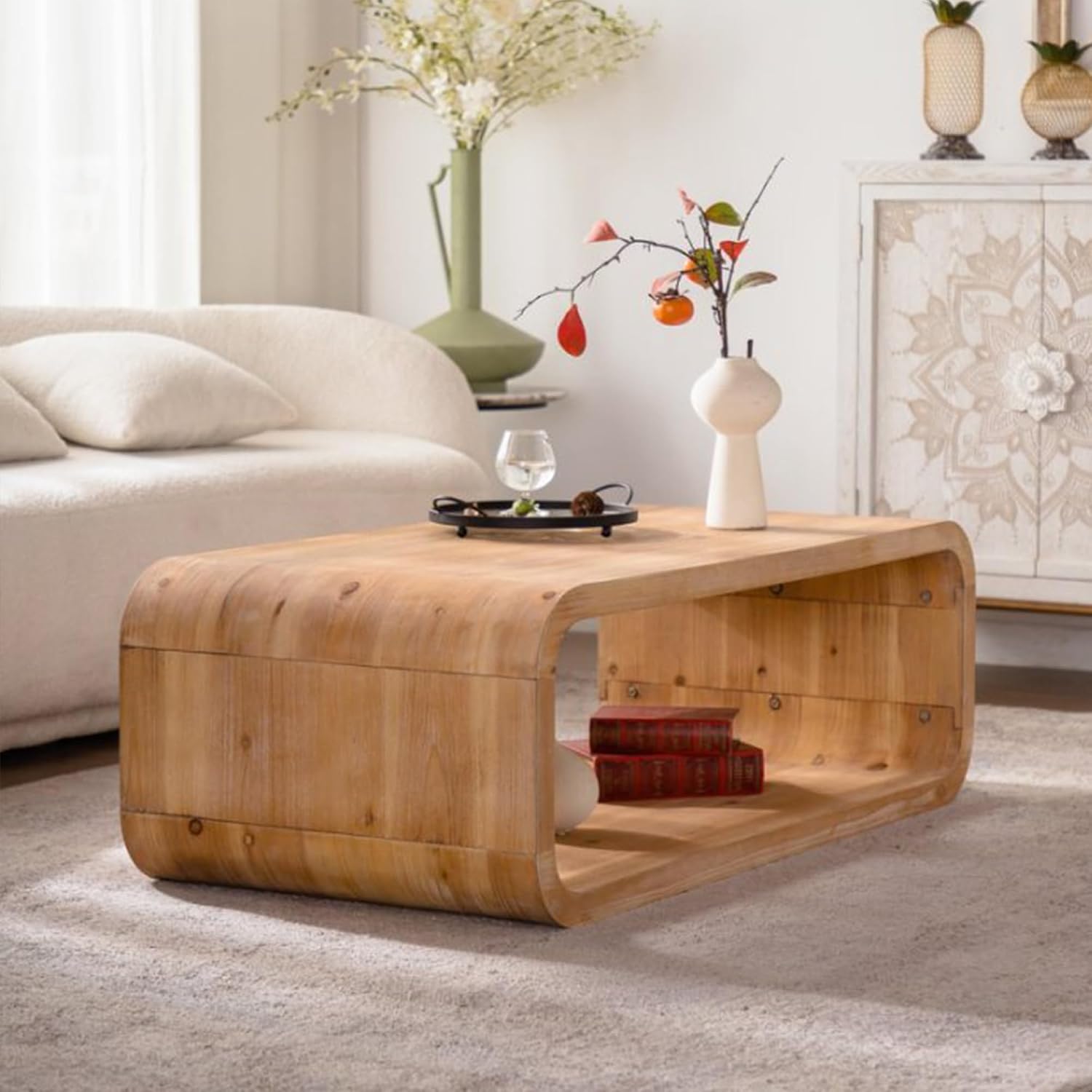 47.24' Rectangle Coffee Table for Living Room Curved Burl Wood Coffee Table Farmhouse Rustic Vintage Wooden Center Table for Apartment Oak
