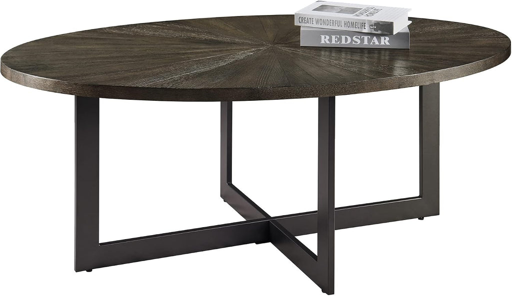 Solid Wood Oval Coffee Table with Cross Metal Legs, 47.9' Industrail Bar Cocktail Table for Living Room Kitchen Office Sofa Table Bristro Table for Cafe/Bar Black 1831BK