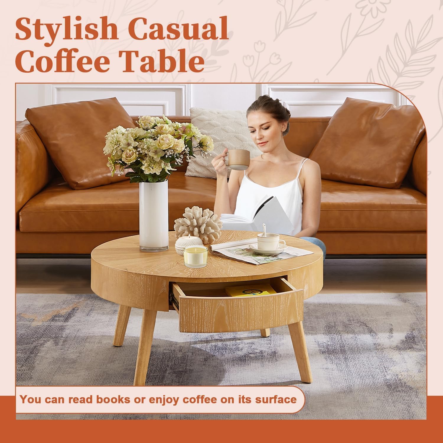 Round Wood Coffee Table for Living Room, Modern Wood Table with Storage, Wooden Circle Coffee Table, 29.14' L x 29.14' W x 15.87' H