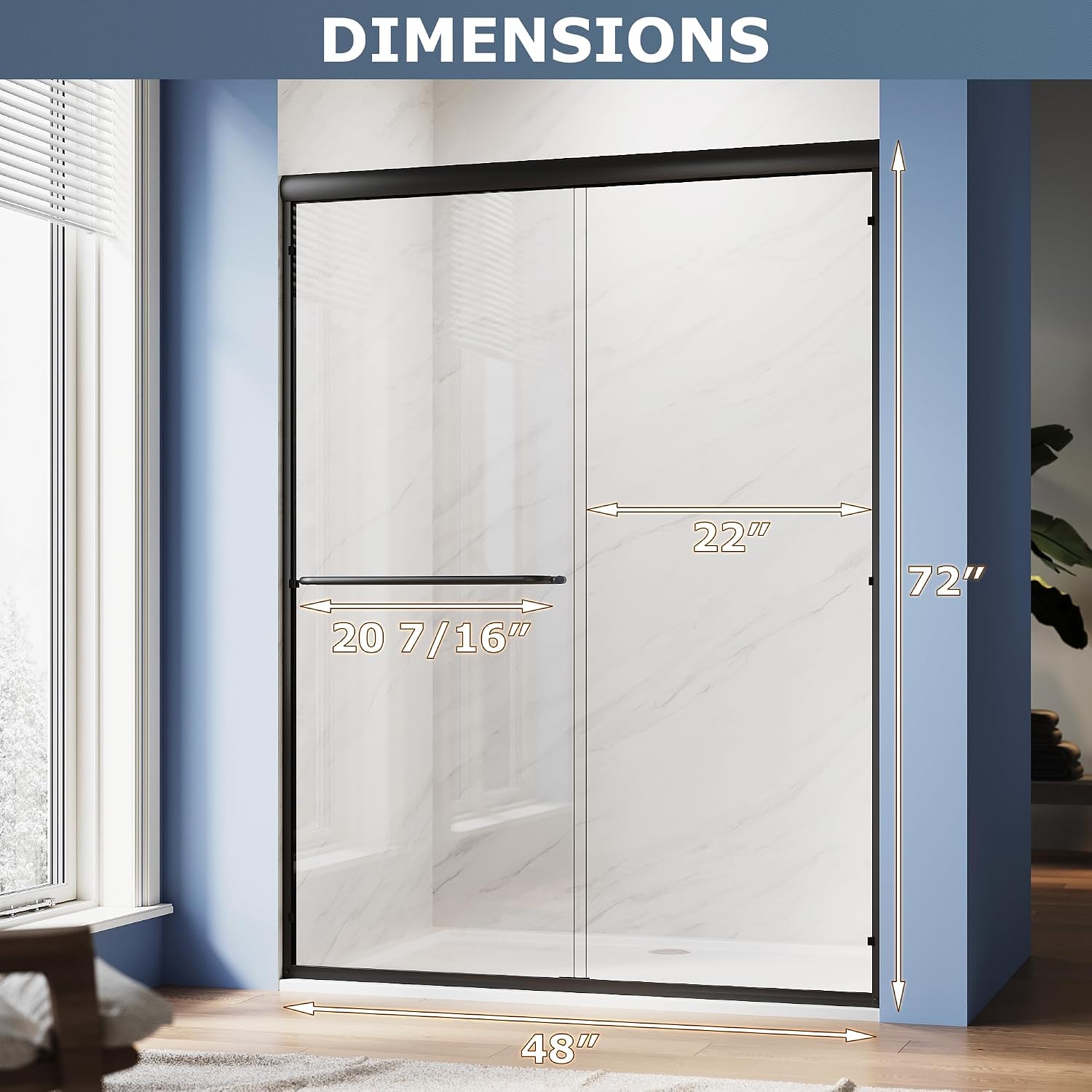 SUNNY SHOWER Double Sliding Glass Door 48' W x 72' H Shower Door 1/4' Tempered Glass Sliding Door Semi-Frameless Shower Glass Enclosure Bypass Walk in Shower Cabin, Matte Black