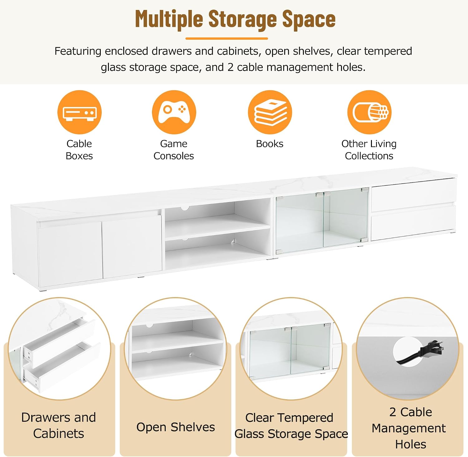 Virubi TV Stand with Faux Marble Tabletop for TVs Up to 105', Modern Media Console with APP Controlled LED & Tempered Glass Doors, Entertainment Center with Drawers for Living Room, White