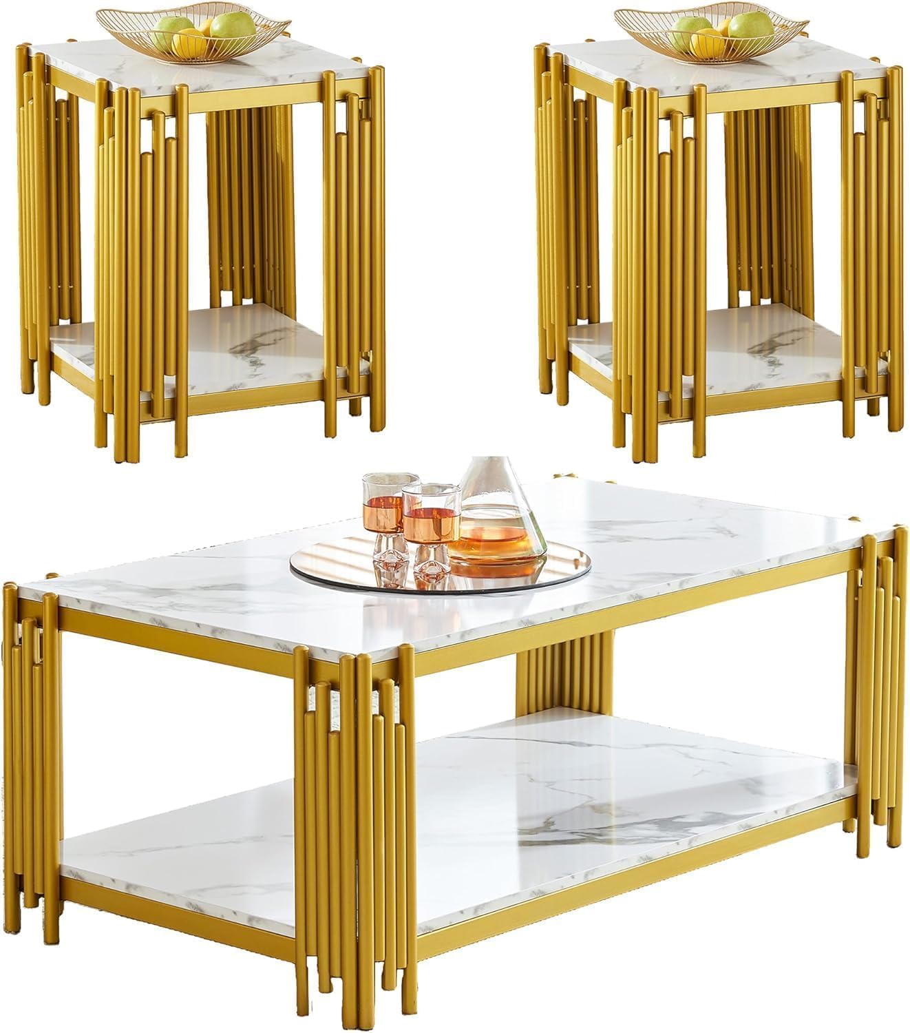 White Marble Coffee Table Set of 3, Faux Marble Coffee Table and 2 White Gold End Tables with Chrome Metal I-Base, Luxury Marble 3 Piece Living Room Table Set for Home Office Bedroom