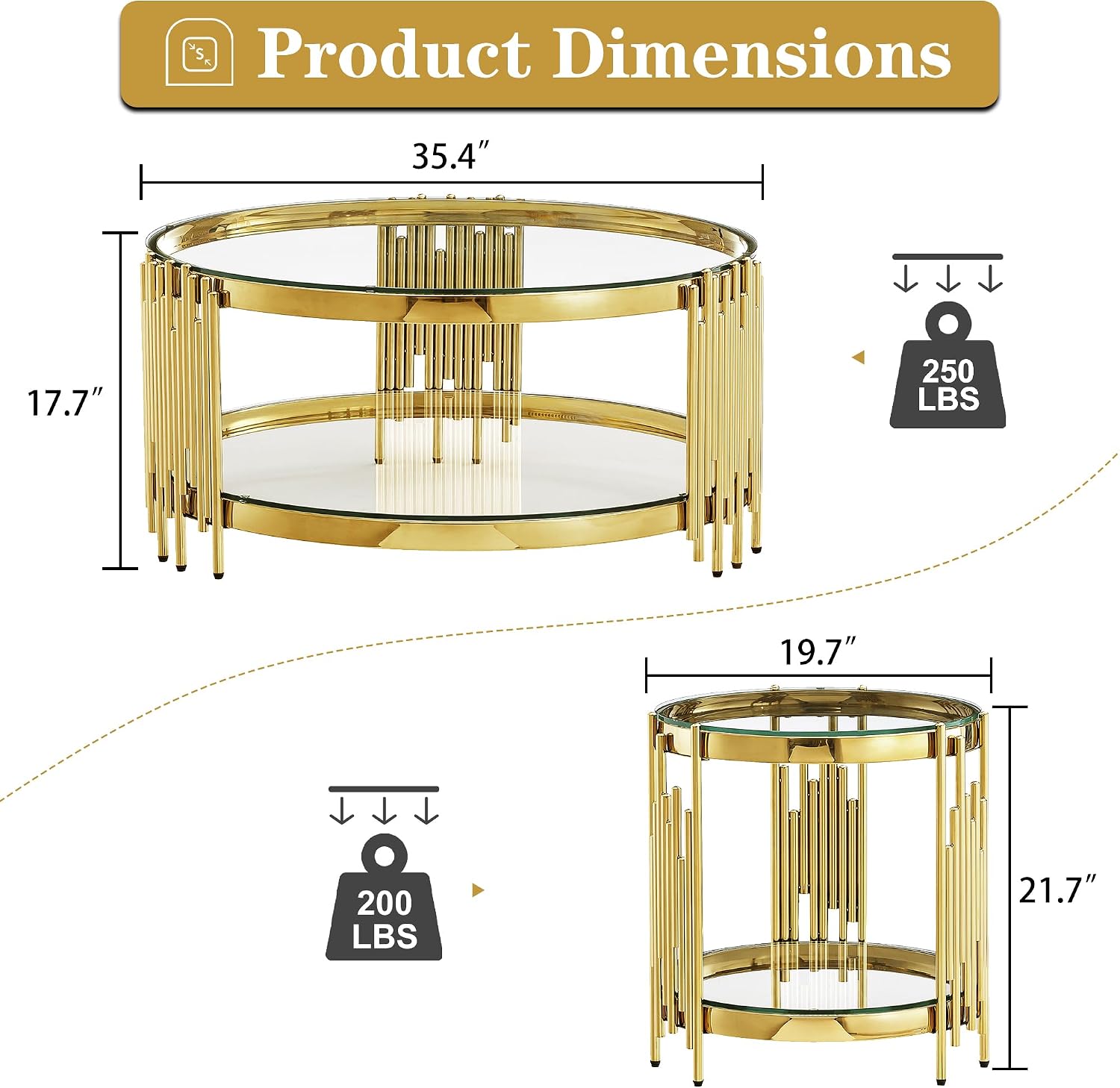 Round Glass Coffee Table Set of 3, Gold and Clear Modern Living Room Table Set, Includes 1 Coffee Table, 2 End Tables, Gold Stainless Steel Base Tempered Glass Top, Luxury Furniture for Home Office