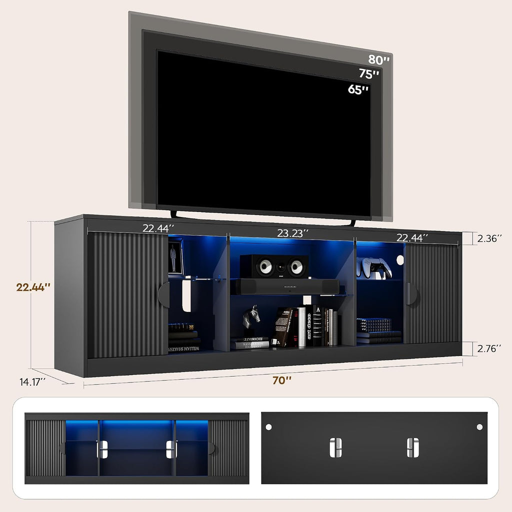 LGHM 70'' Black TV Stand with Lighting, Stylish Modern Entertainment Center with Slip Doors for TVs Up to 80', Media Console for Living Room