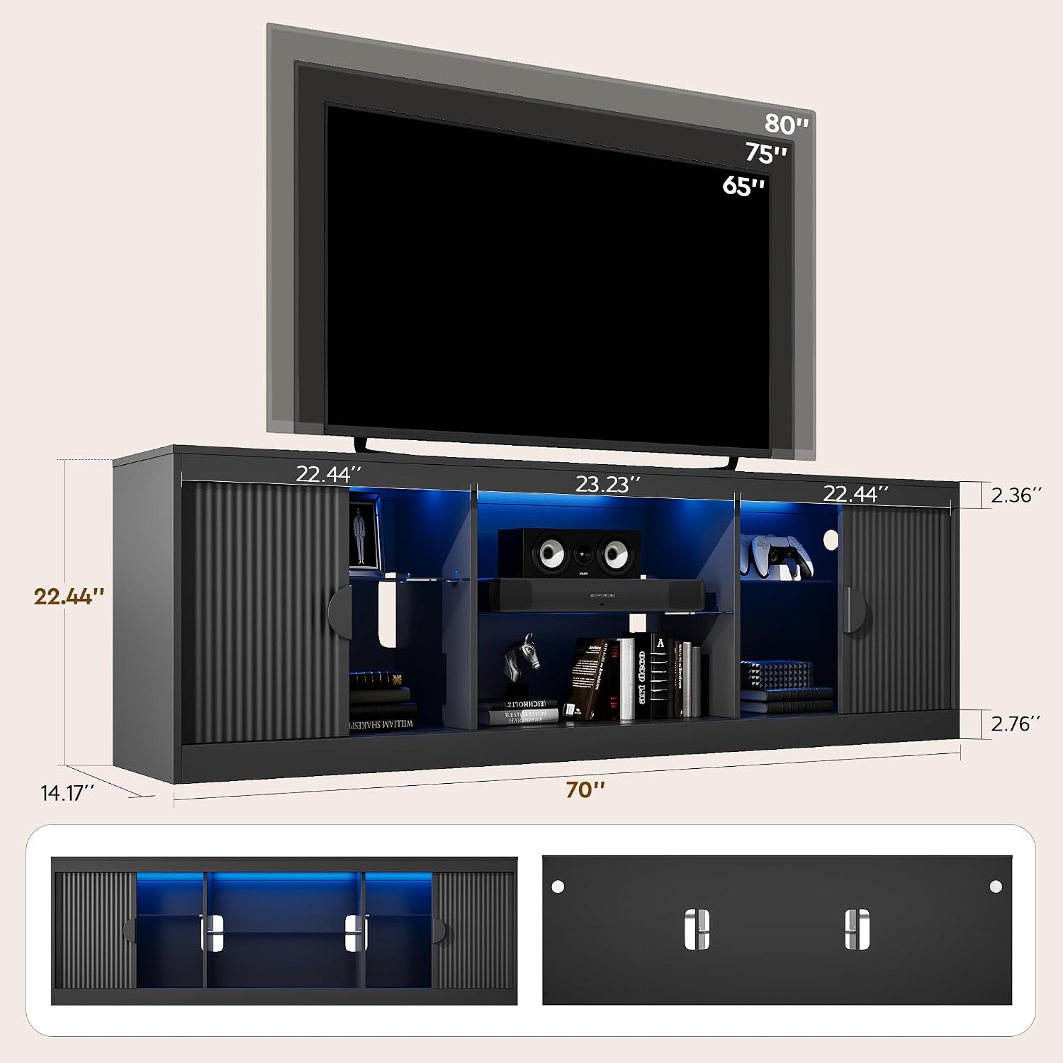 LGHM 70'' Black TV Stand with Lighting, Stylish Modern Entertainment Center with Slip Doors for TVs Up to 80', Media Console for Living Room