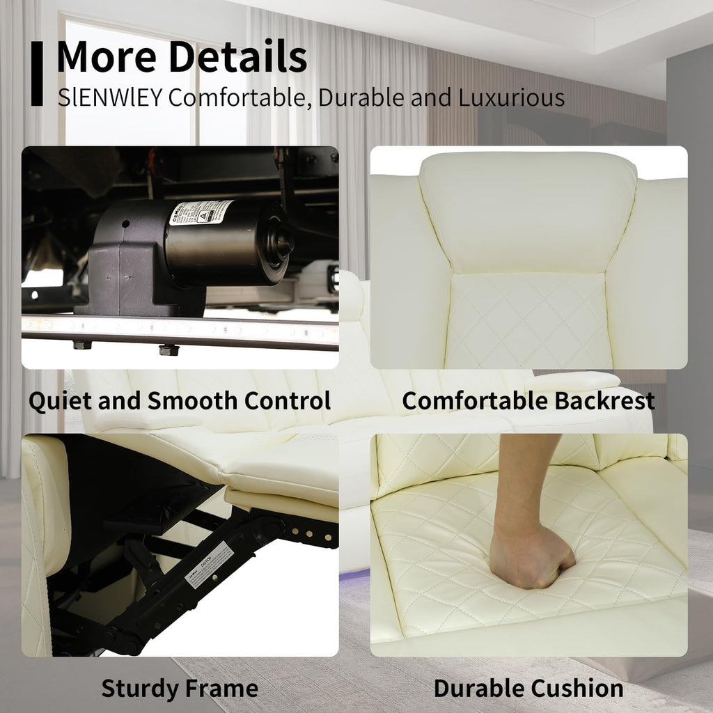 Power Leather Recliner Sofa with LED Light,84' Double Reclining Couch with Drop Down Table/USB Port/Storage Armrest,3 Seater Leather Couch for Living Room Furniture(White,3 Seater Sofa)