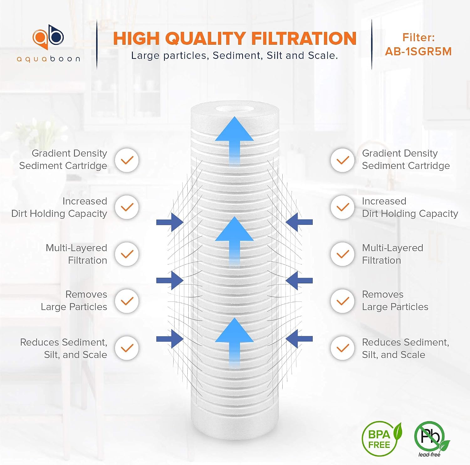 Aquaboon 5 Micron 10 x 2.5 Grooved Sediment Water Filter Replacement for Whole House Filter Cartridge Compatible with AP110, WHKF-GD05, CFS110, 50-Pack